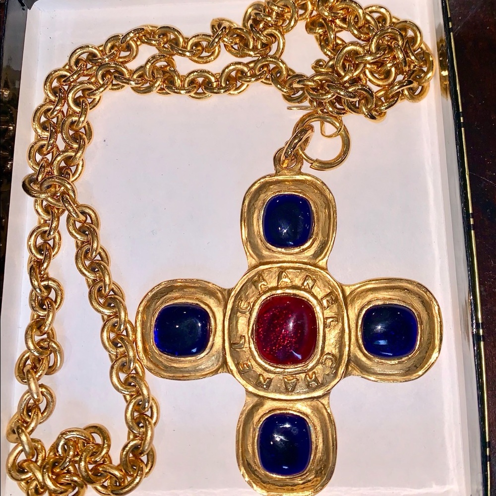 Chanel:Extremely Rare Signed Red+Blue Gripoix Cross Pendant & Original Chain